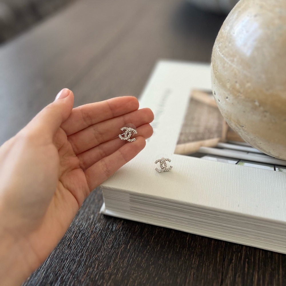 Chanel Silver CC all Over Crystal Piercing Earrings